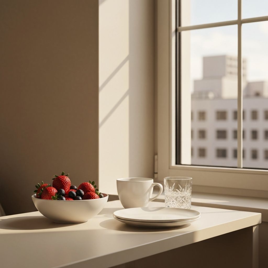 Мирно јутро са шалицом кафе, свежим воћем и чашом воде поред прозора